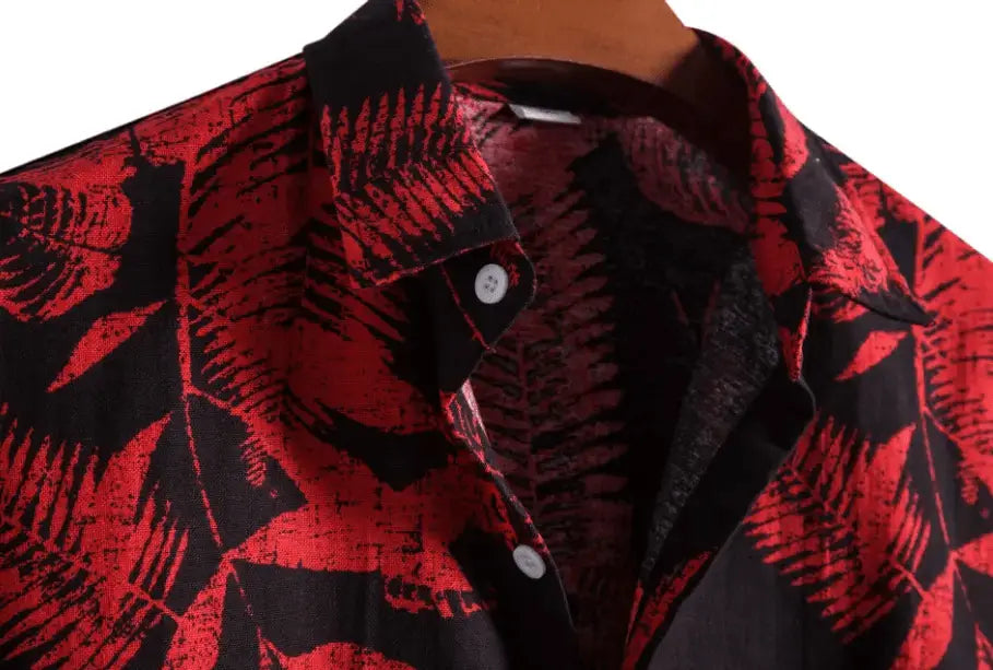 Black and Red Leaf Hawaiian Shirt, collar detail