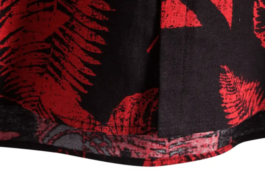 Black and Red Leaf Hawaiian Shirt, hem and pattern detail