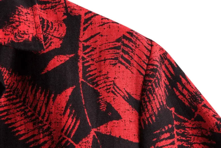 Black and Red Leaf Hawaiian Shirt, sleeve and pattern detail