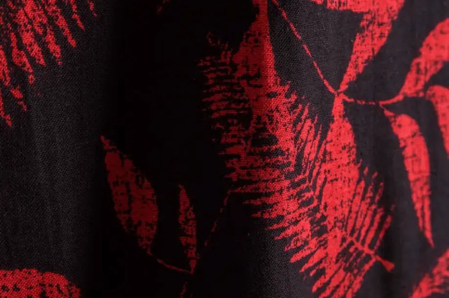 Black and Red Leaf Hawaiian Shirt, pattern and fabric detail