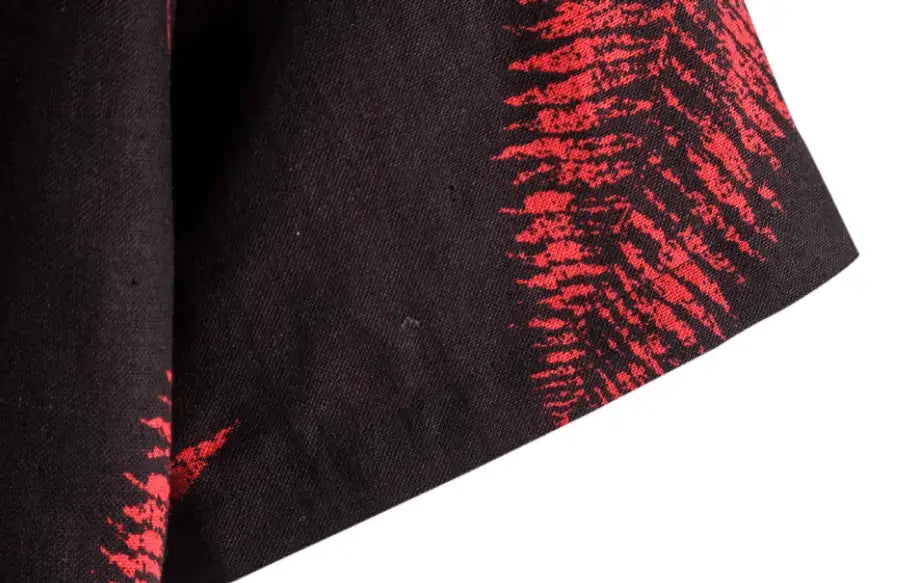 Black and Red Leaf Hawaiian Shirt, sleeve and pattern detail