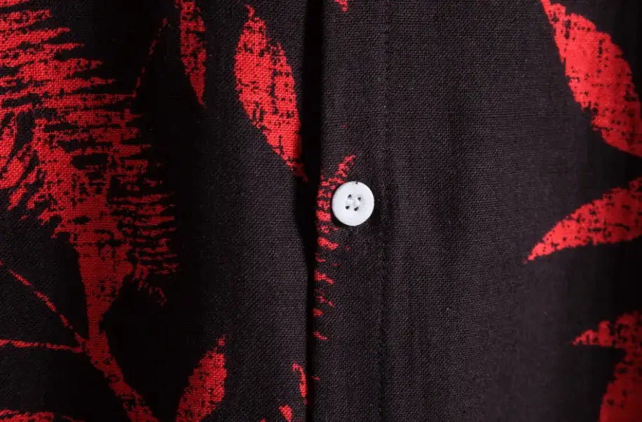 Black and Red Leaf Hawaiian Shirt, button-front and pattern detail