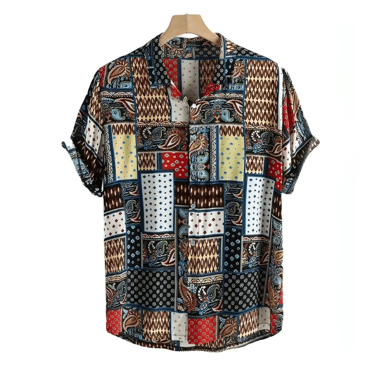 Short-sleeve button-up shirt with detailed multicolored patchwork-style rectangles