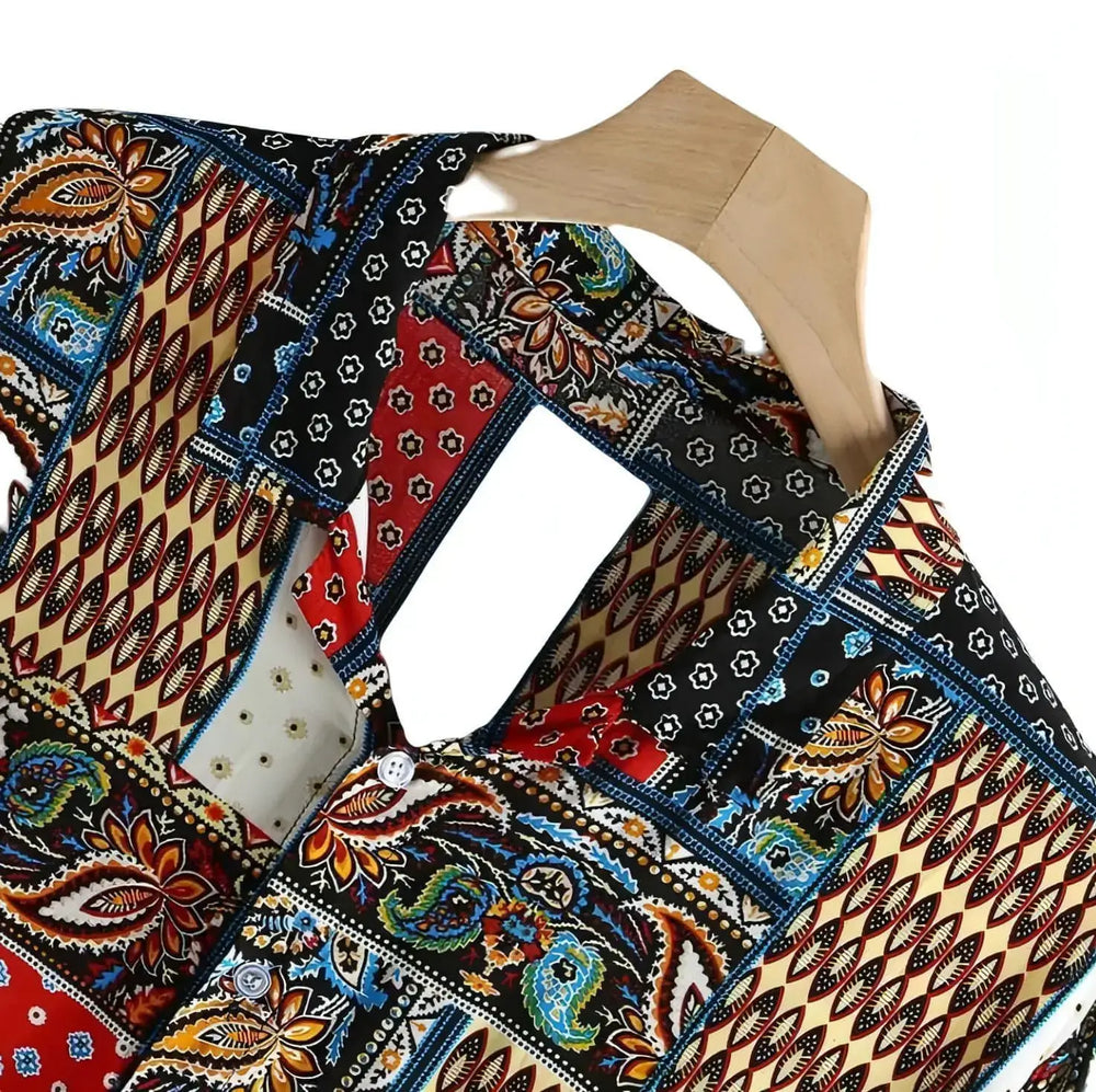 Intricate Patchwork Pattern Shirt, collar detail