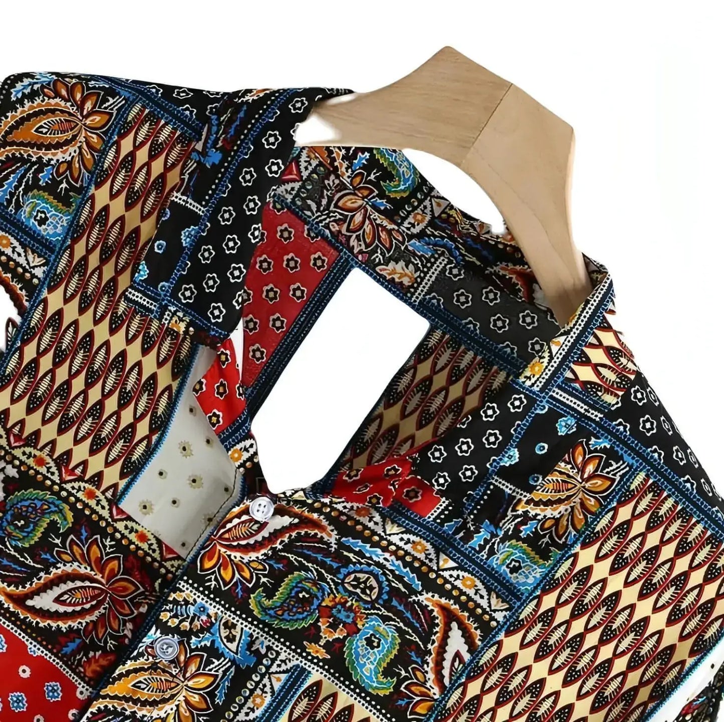 Intricate Patchwork Pattern Shirt, collar detail
