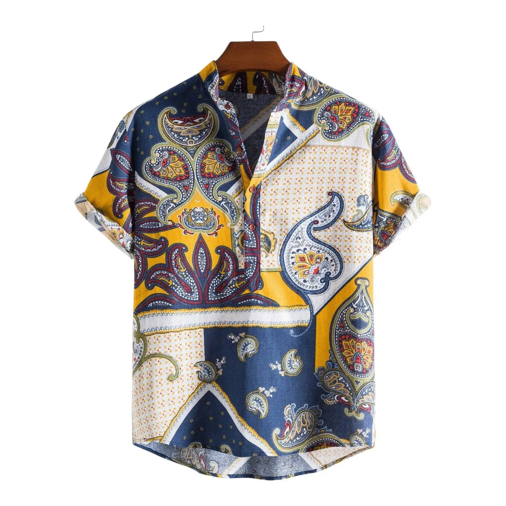 Blue, gold and cream short-sleeve shirt with large paisley shapes