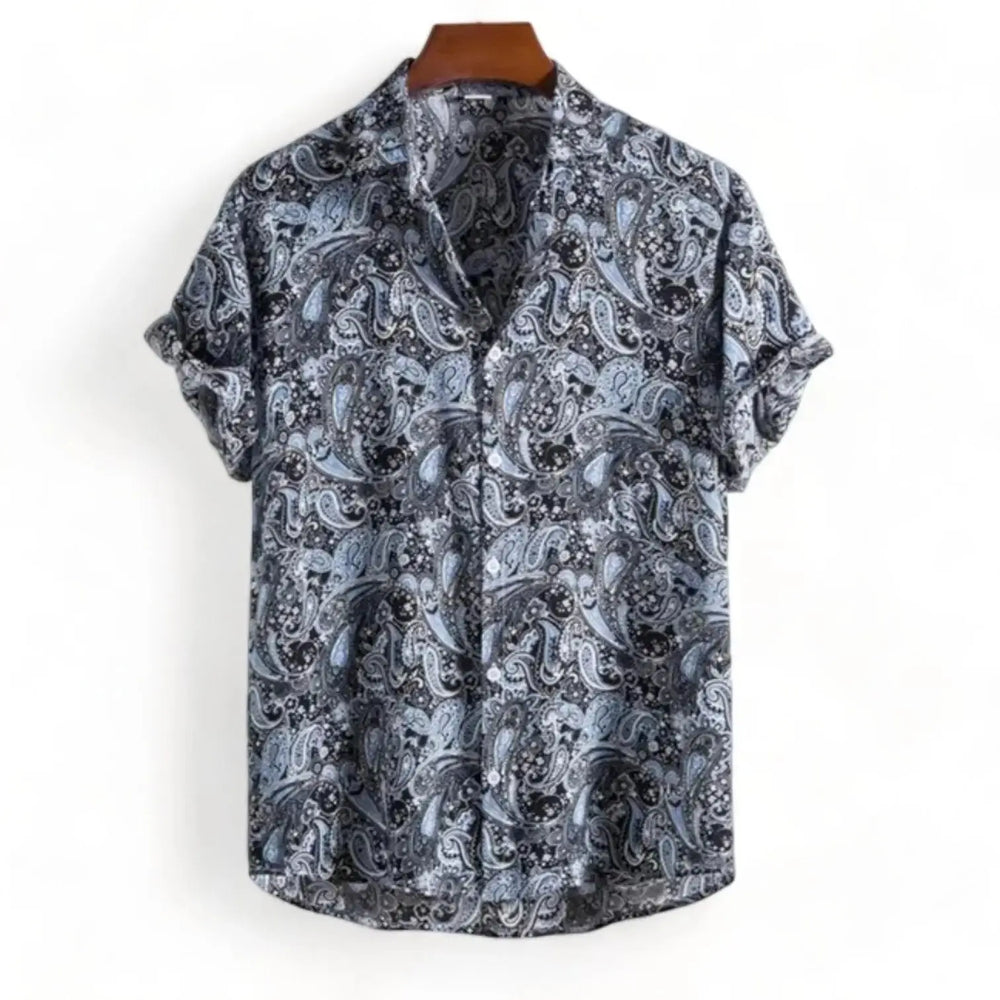 Gray short-sleeve Hawaiian shirt with layered paisley forms