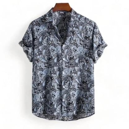 Gray short-sleeve Hawaiian shirt with layered paisley forms