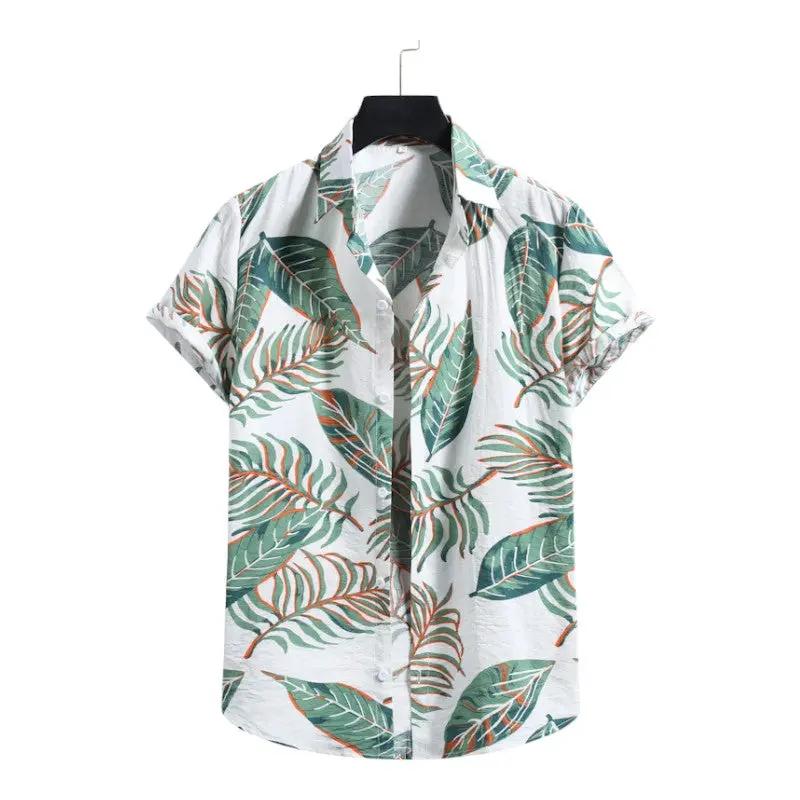 Light short-sleeve shirt with green and muted orange outlined leaves