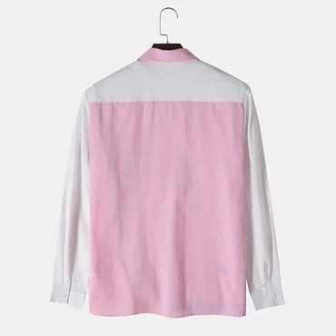 Long Sleeve Patch Men's Shirt - 0 - Dan Flashes - Pink - Fashion Lapel Long Sleeve Colorblock Men's Shirt Dan Flashes