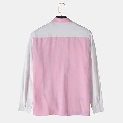Long Sleeve Patch Men's Shirt - 0 - Dan Flashes - Pink - Fashion Lapel Long Sleeve Colorblock Men's Shirt Dan Flashes