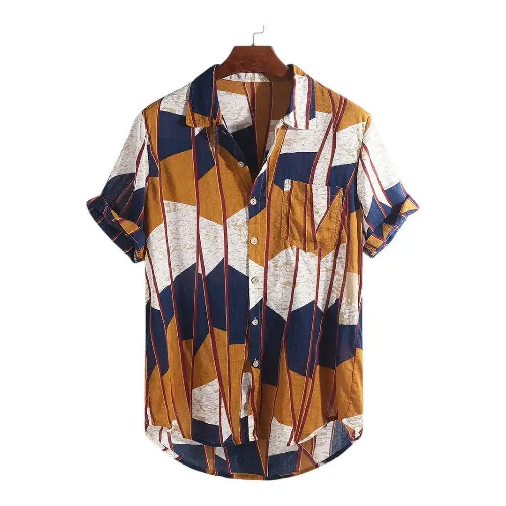 Short-sleeve shirt with tan, white and dark blue angular color blocks