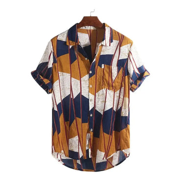 Tan & Red Pattern Beach Shirt for men in cotton-linen blend - Dan Flashes