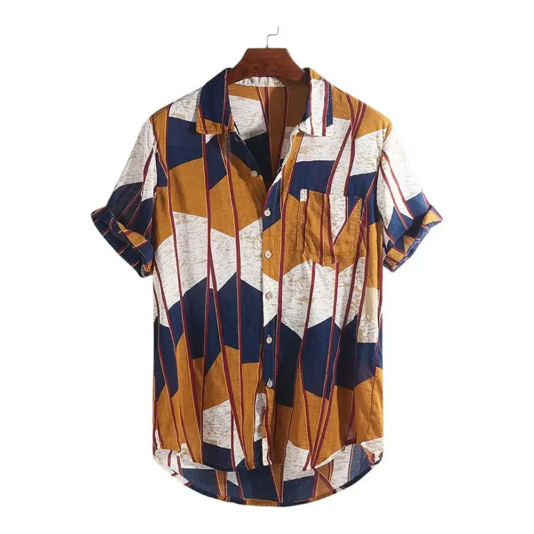 Short-sleeve shirt with tan, white and dark blue angular color blocks