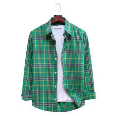 Men's Plaid Long Sleeve Shirt - 0 - Dan Flashes - Green - Men's Fashion Plaid Long Sleeve Shirt Dan Flashes
