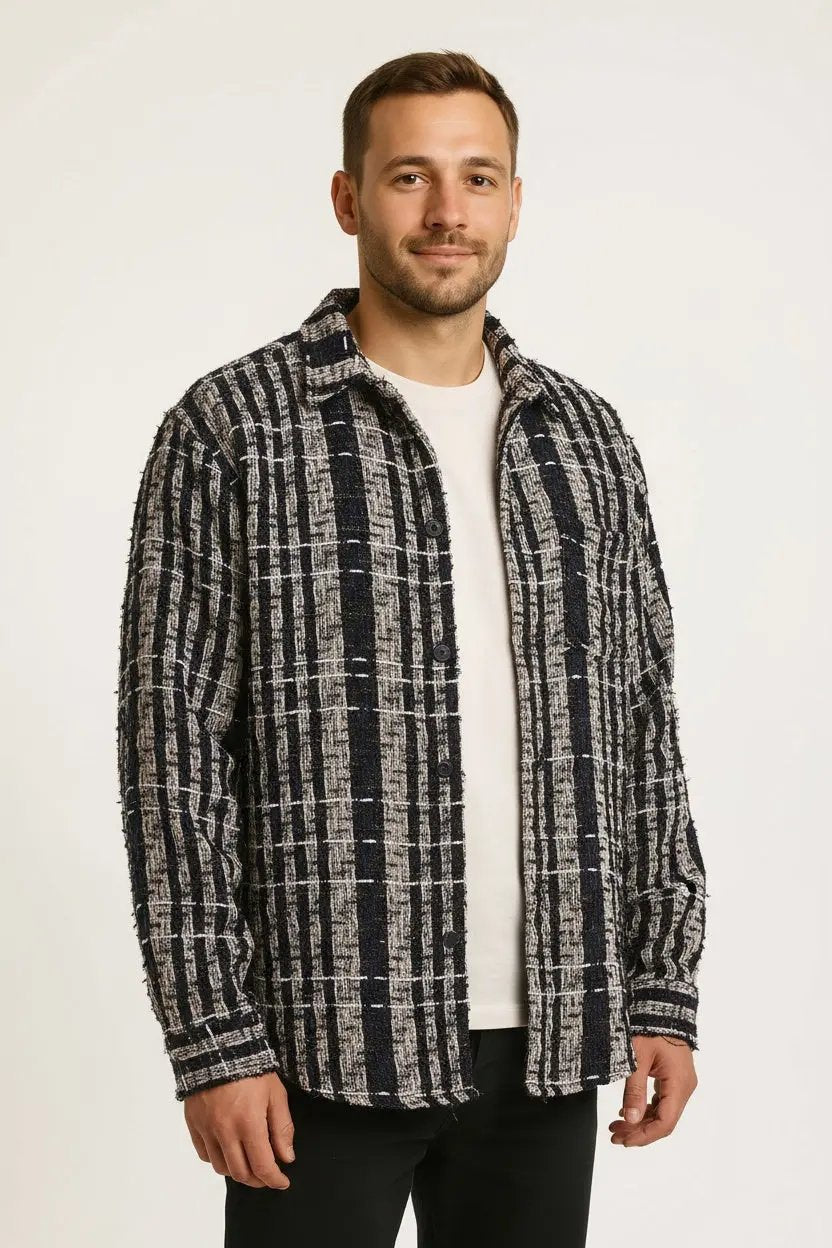 Men's Silver Thread Braided Plaid Long Sleeve Shirt Dan Flashes