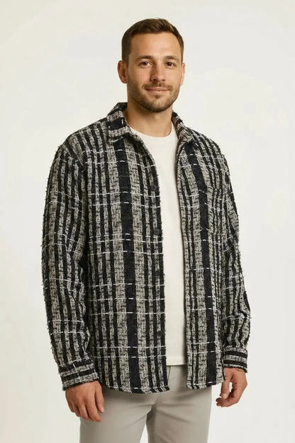 Men's Silver Thread Braided Plaid Long Sleeve Shirt Dan Flashes