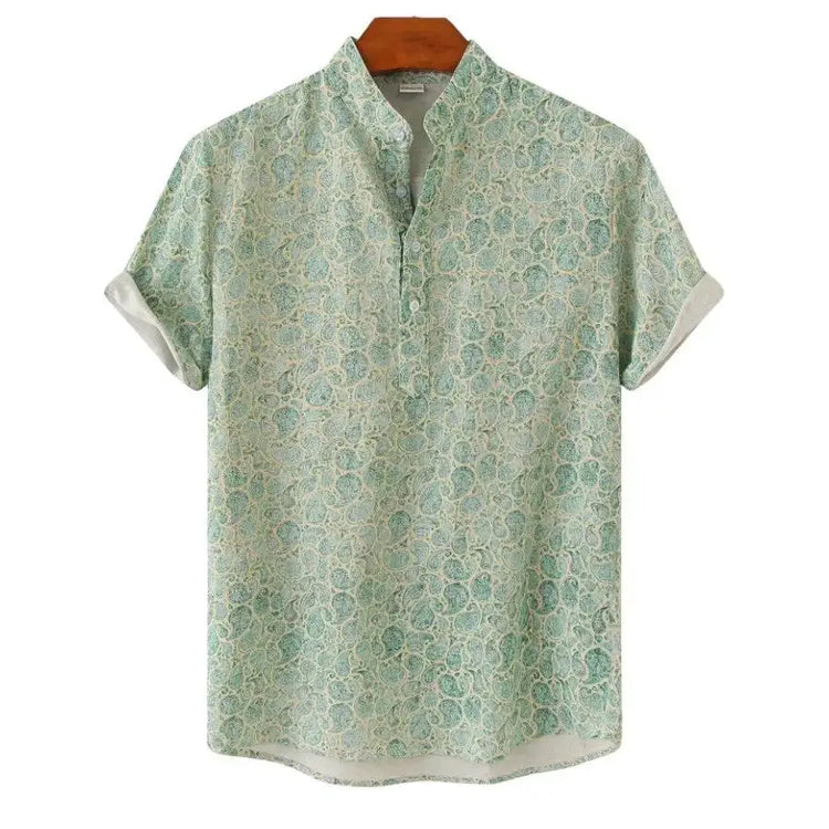 Pale green short-sleeve band collar shirt with a fine repeating pattern
