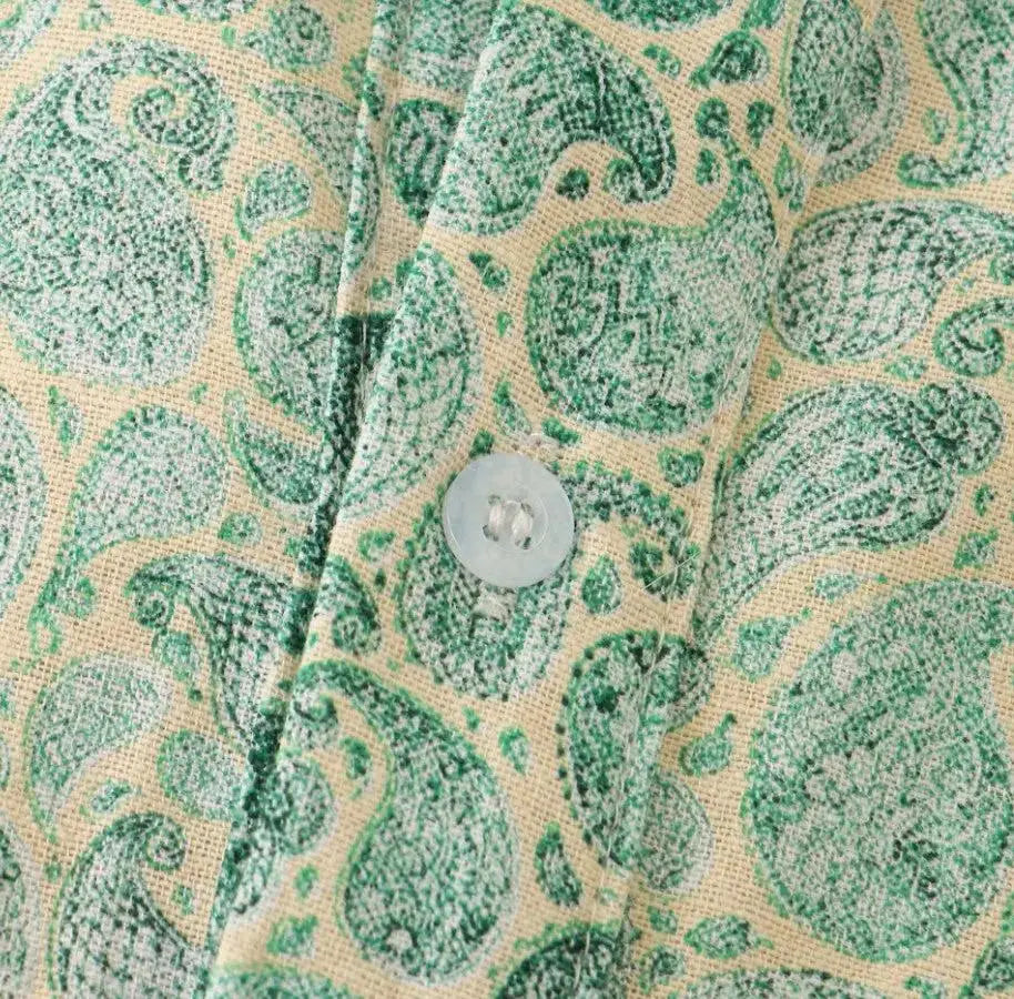 Fine Paisley Band Collar Shirt, button-front and pattern detail