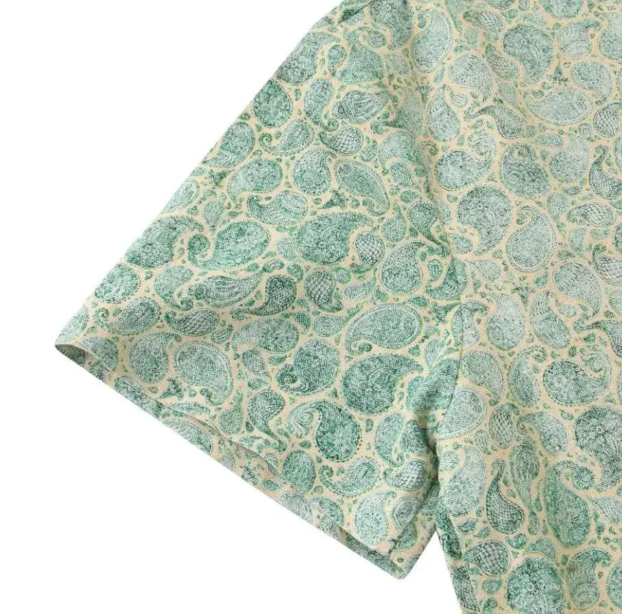 Fine Paisley Band Collar Shirt, sleeve and pattern detail