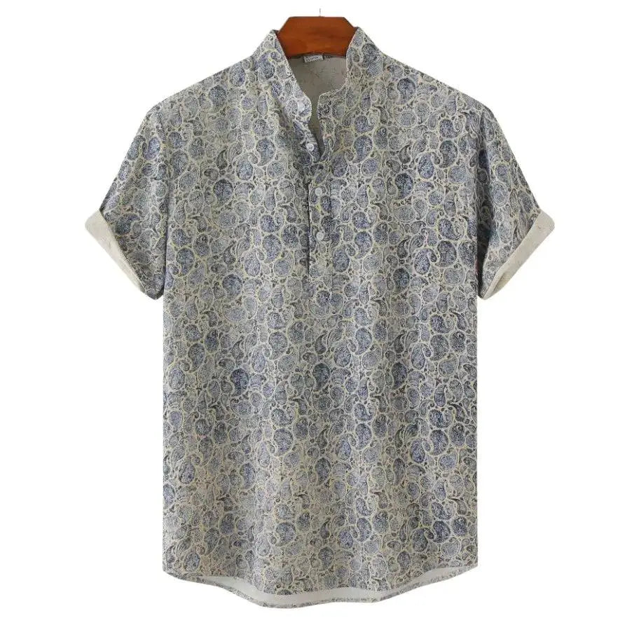 Fine Paisley Band Collar Shirt, Blue option, front view