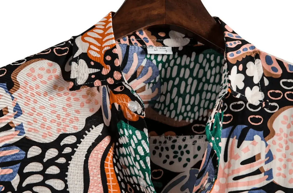 Abstract Leaf Print Beach Shirt, collar detail