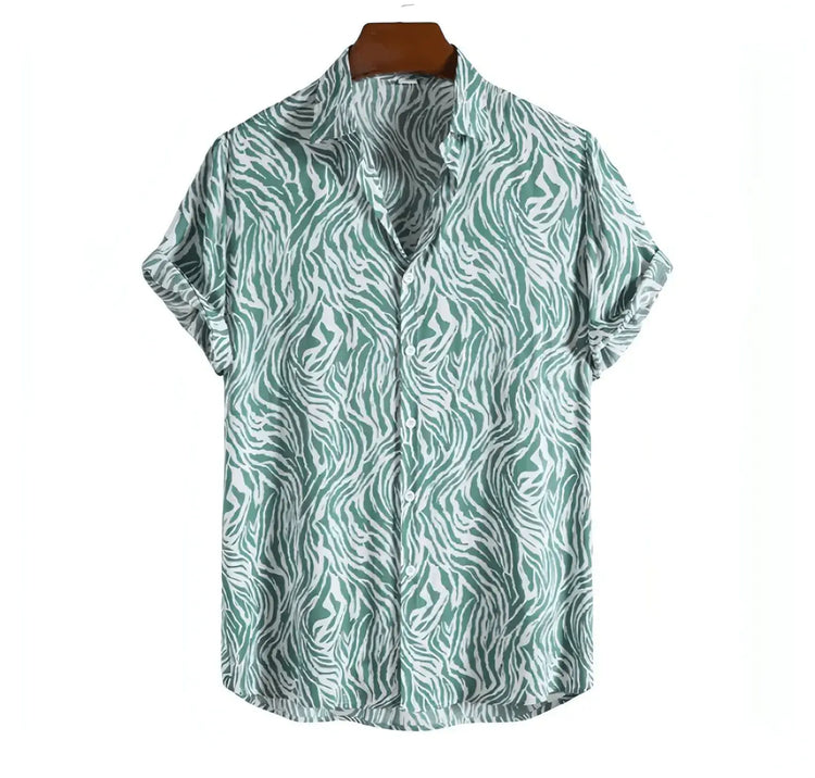 Blue-green short-sleeve shirt with flowing animal stripes