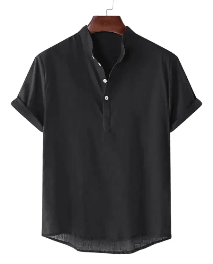 Solid Short-Sleeve Band Collar Shirt, Black option, front view