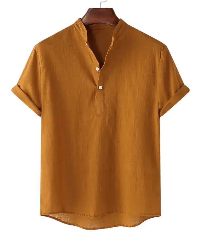 Solid Short-Sleeve Band Collar Shirt, Brown option, front view