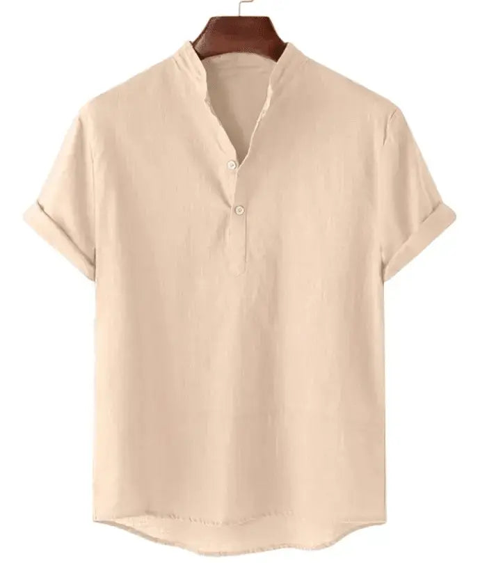 Solid Short-Sleeve Band Collar Shirt, Tan option, front view