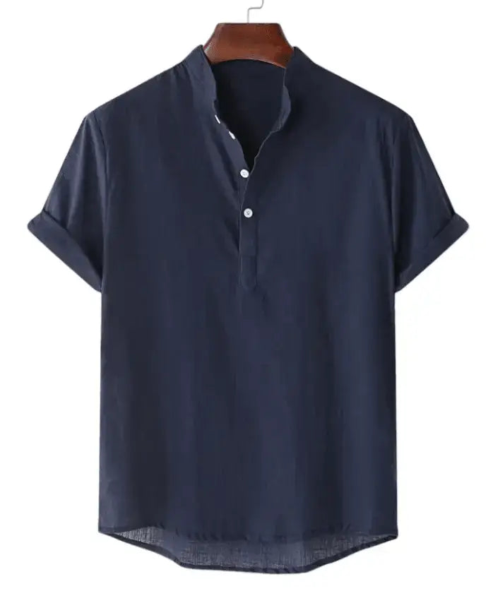 Solid Short-Sleeve Band Collar Shirt, Blue option, front view