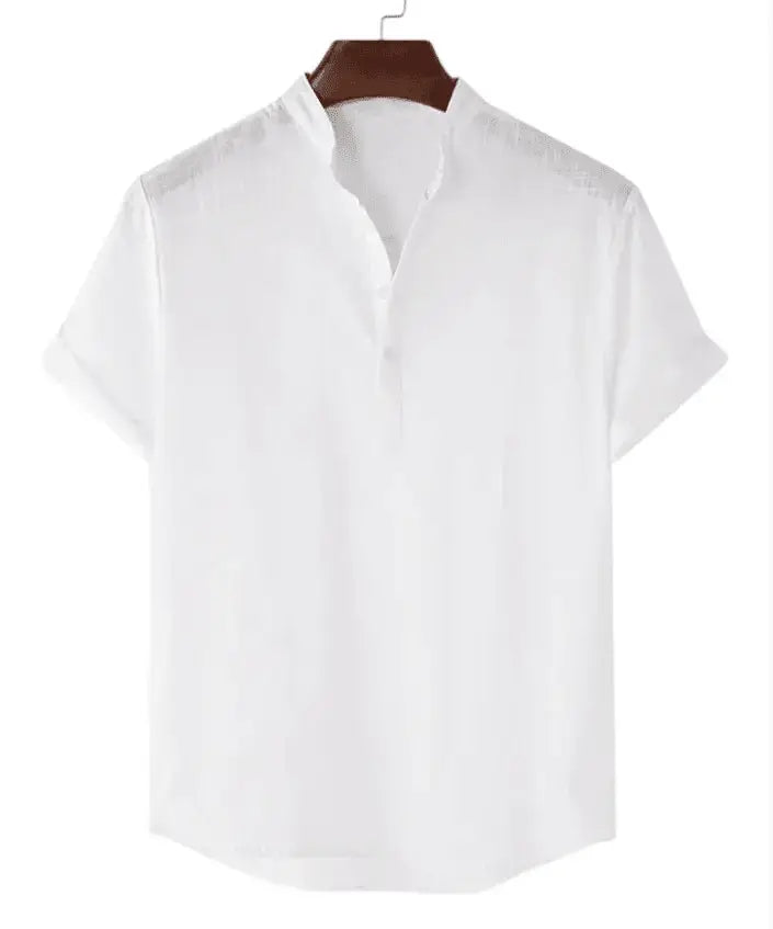 White short-sleeve shirt with a stand collar and partial button front