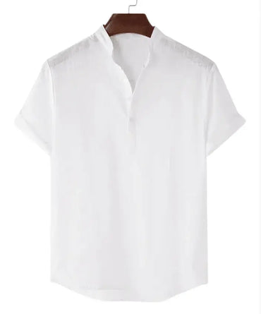 White short-sleeve shirt with a stand collar and partial button front