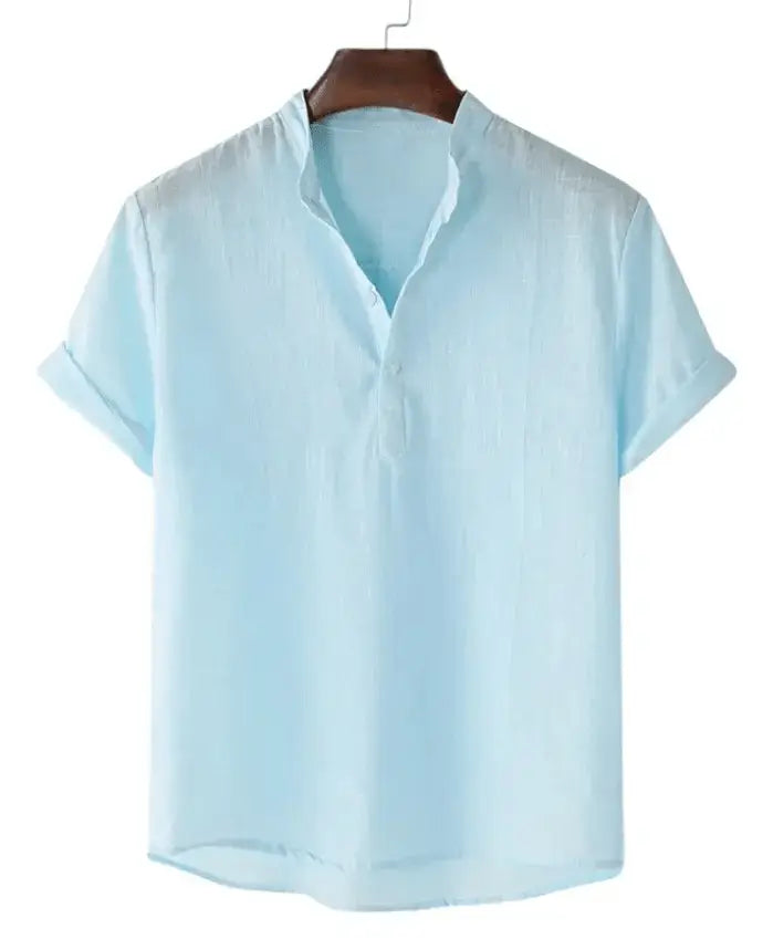 Solid Short-Sleeve Band Collar Shirt, Light blue option, front view