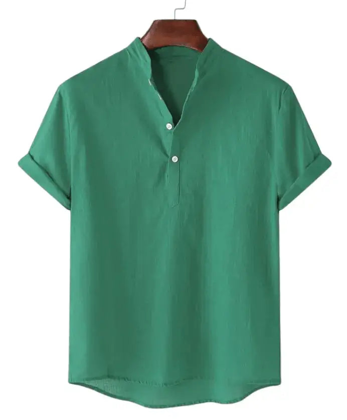Solid Short-Sleeve Band Collar Shirt, Green option, front view