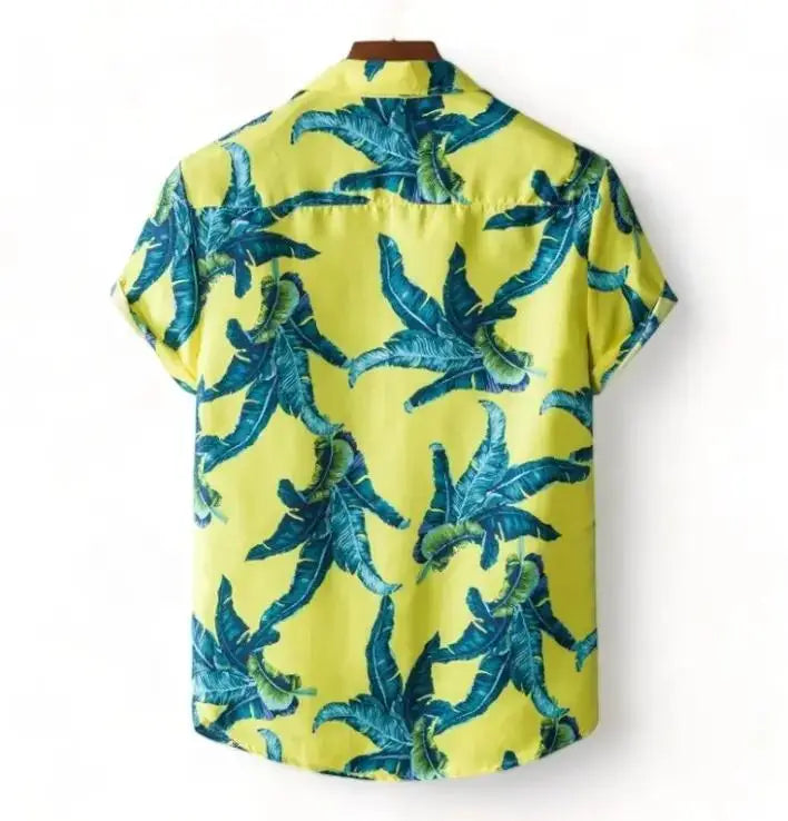 Yellow and Blue Leaf Hawaiian Shirt, back view