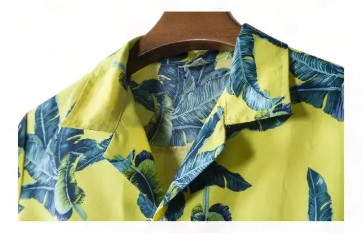 Yellow and Blue Leaf Hawaiian Shirt, collar detail
