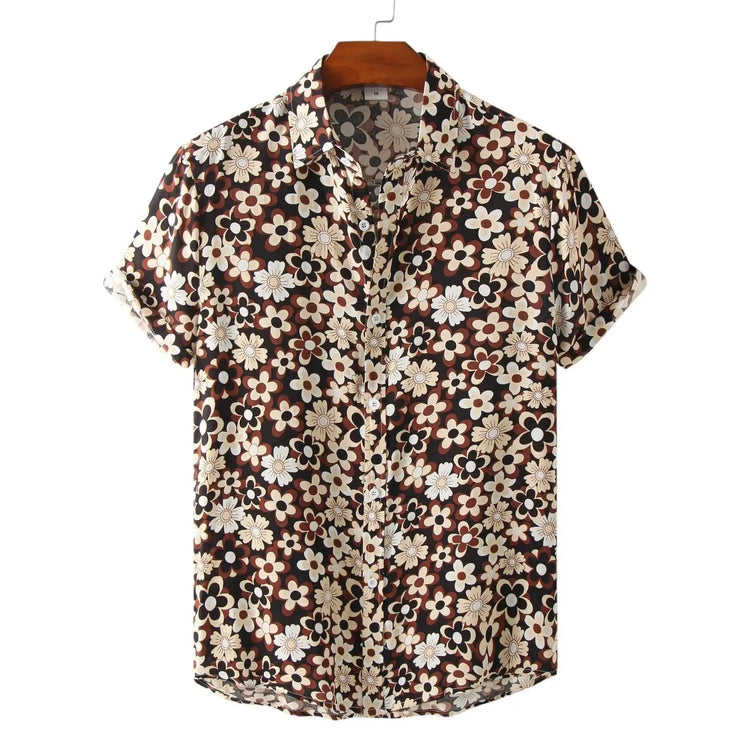 Dark short-sleeve button-up shirt with small pale flowers