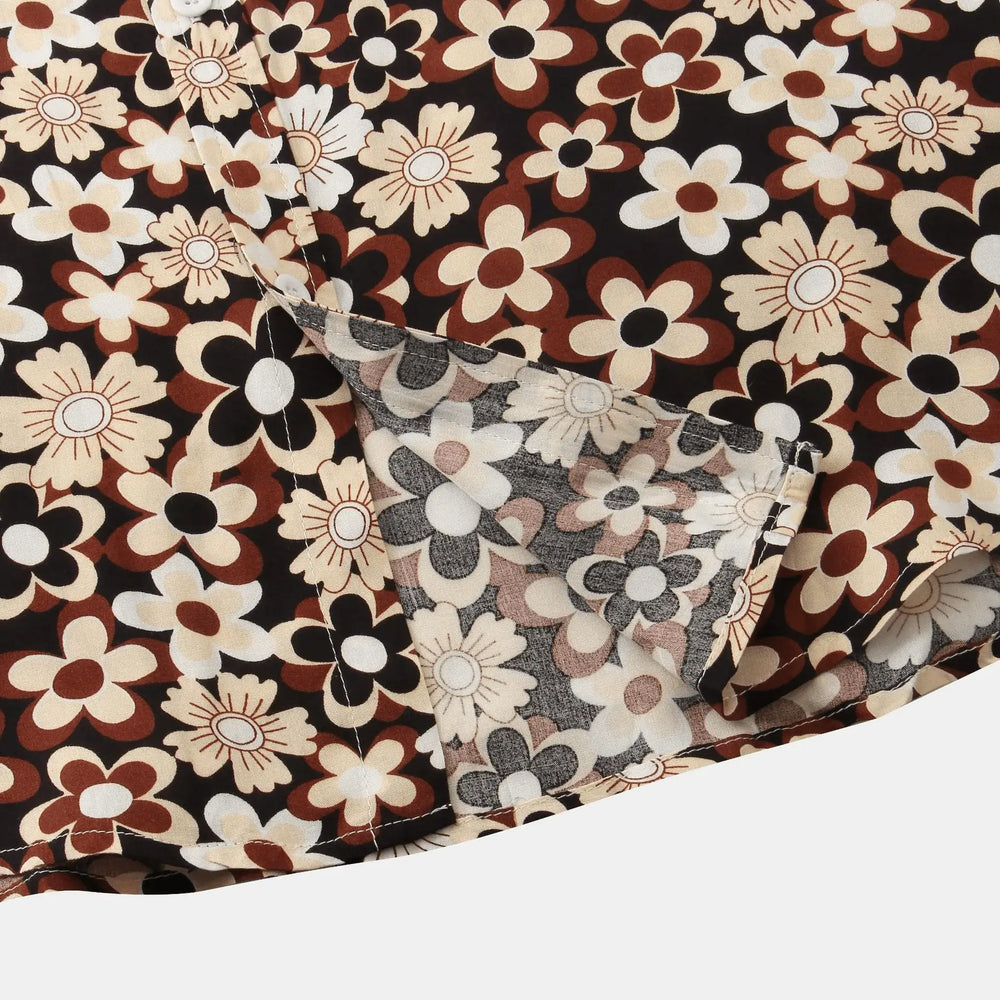 Small Flower Print Button-Up Shirt, hem and pattern detail
