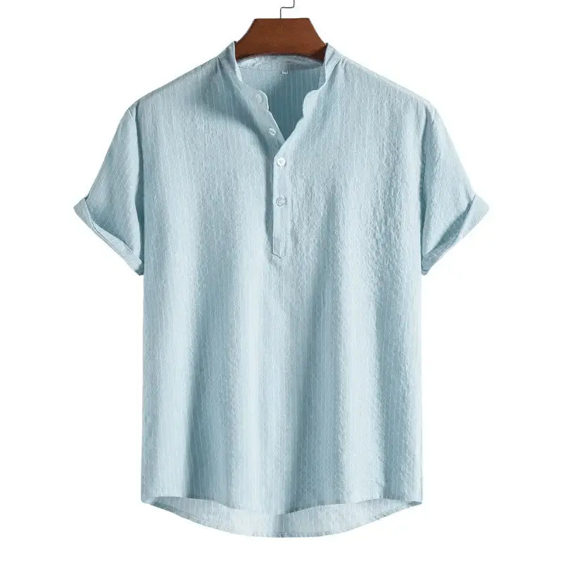 Textured Solid Band Collar Shirt, Light blue option, front view