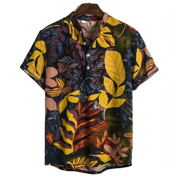 Multi-Color Leaf Band Collar Shirt for men in cotton-linen blend - Dan Flashes