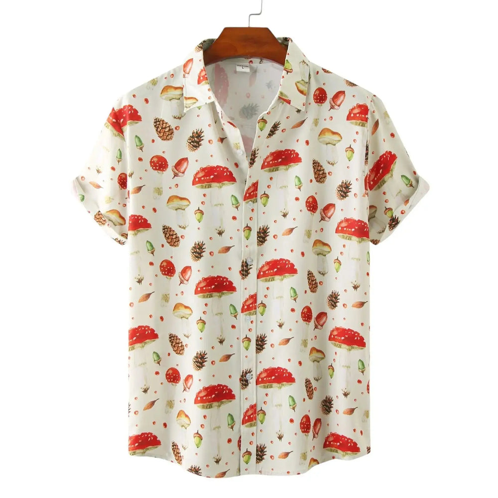 Light short-sleeve button-up shirt with red mushroom motifs