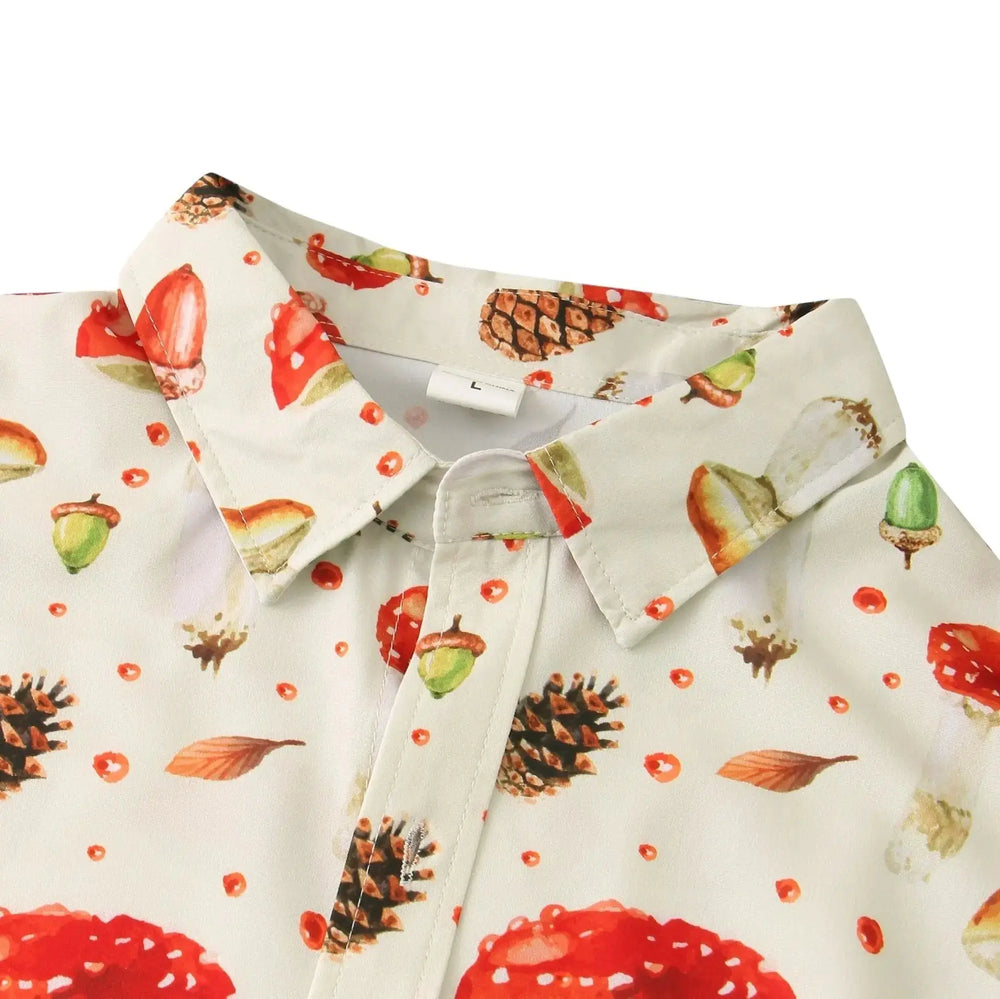 Mushroom Print Button-Up Shirt, collar detail