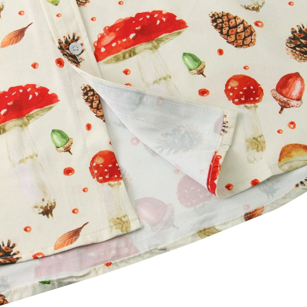 Mushroom Print Button-Up Shirt, hem and pattern detail