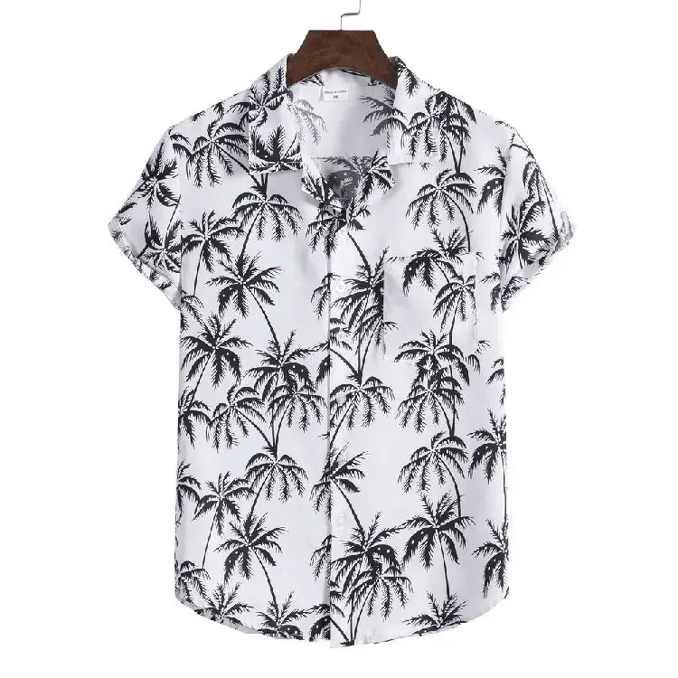 Light short-sleeve button-up shirt with dark palm tree silhouettes