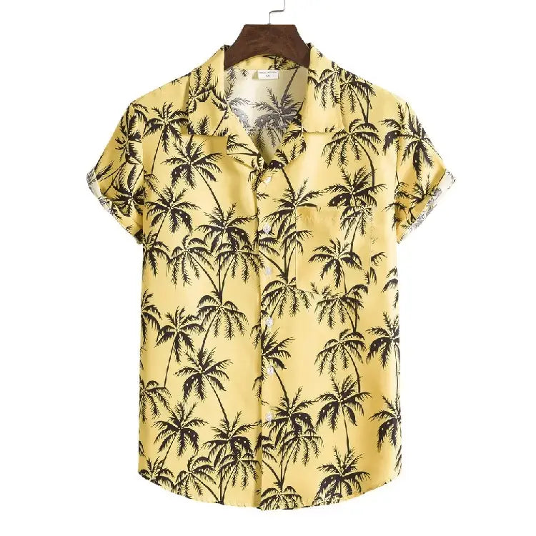 Palm Tree Button-Up Shirt, Yellow option, front view