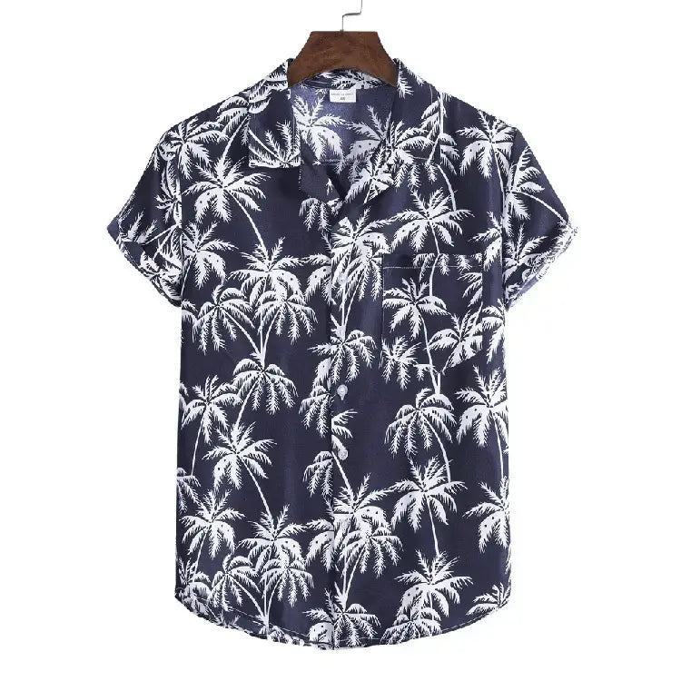 Palm Tree Button-Up Shirt, Dark blue option, front view