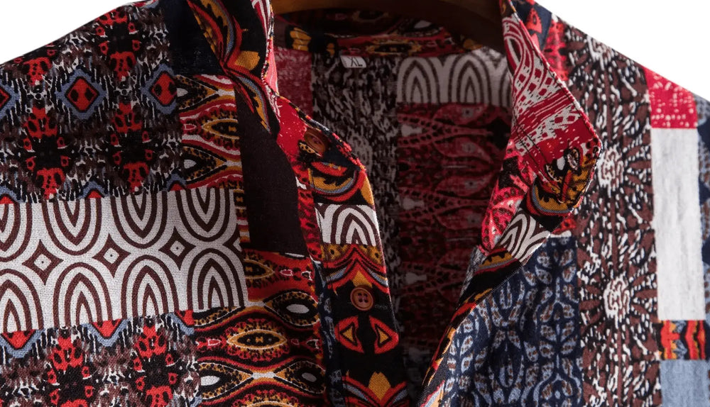 Red Border Patchwork Shirt, collar detail