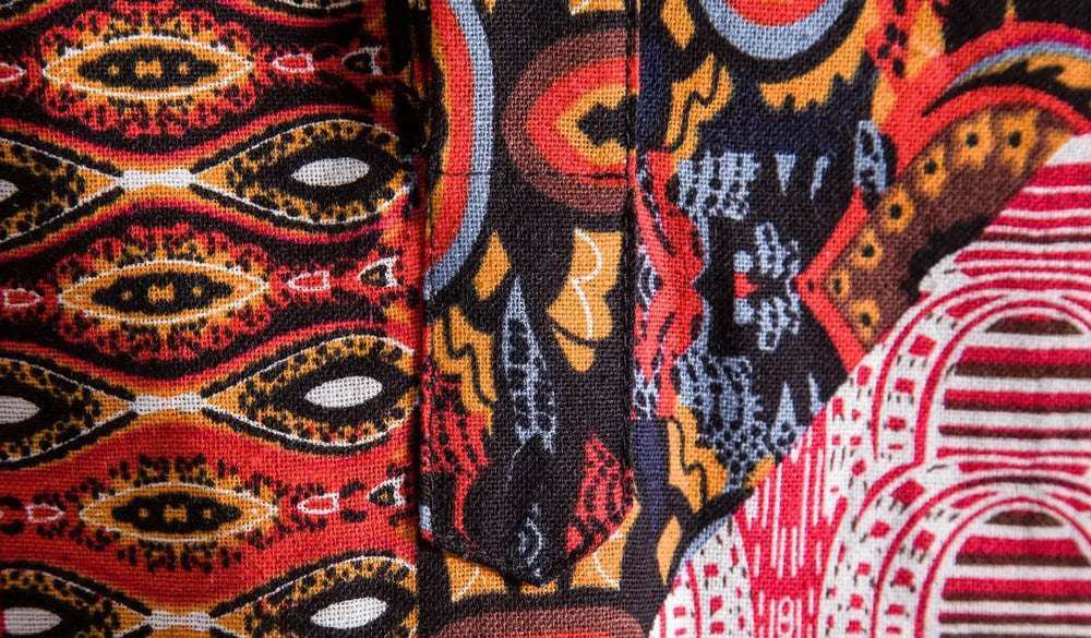 Red Border Patchwork Shirt, button-front and pattern detail