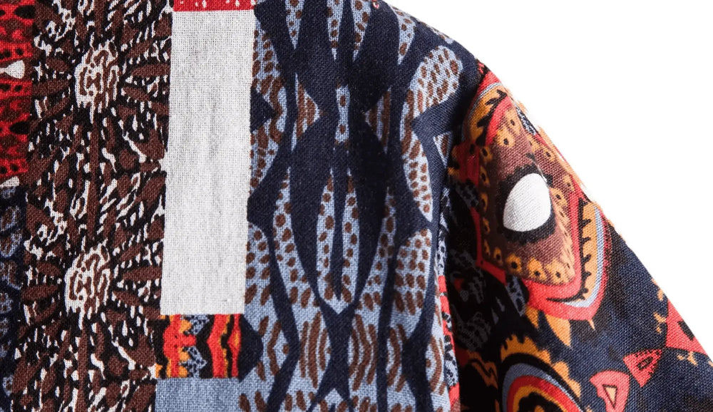 Red Border Patchwork Shirt, sleeve and pattern detail